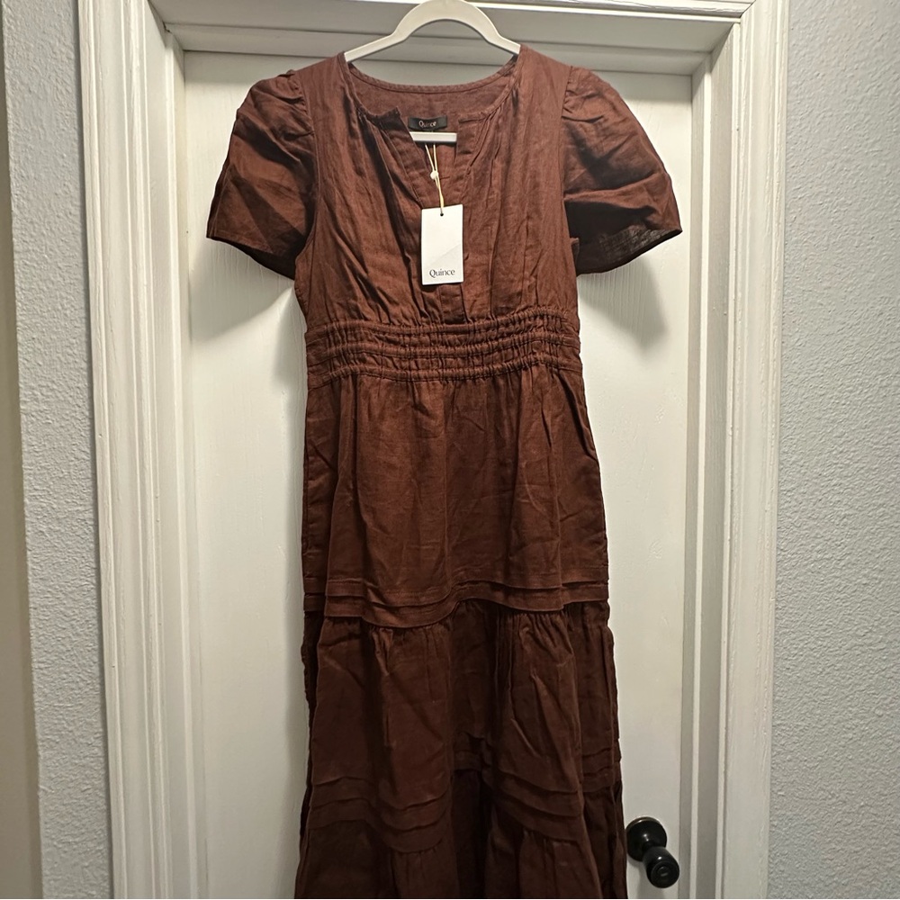 Quince 100% European Linen Tiered Maxi Dress Chocolate Brown Linen Maxi Dress